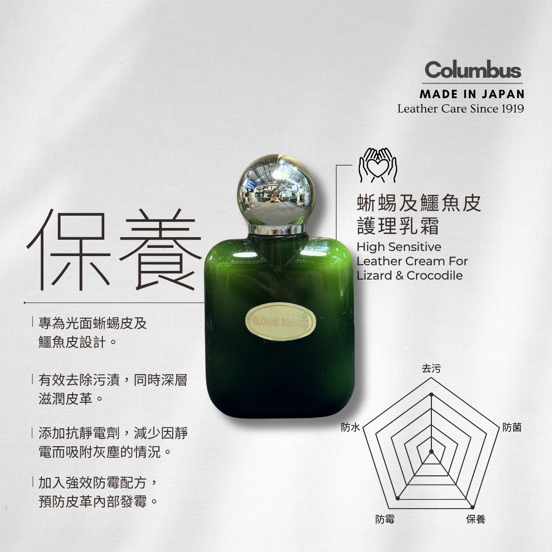 FASCINEE leather care cream for glossy lizard and crocodile skin, with natural ingredients, anti-mold and antistatic formula, packaged in a sleek bottle.